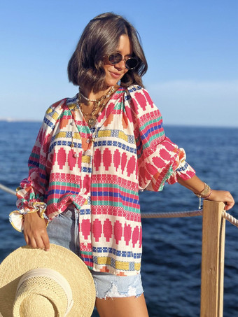 ボヘミアンプリントブラウス Vネック ランタンスリーブ トップス レディース 2025