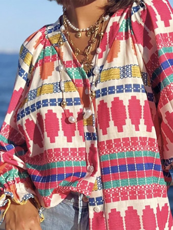 ボヘミアンプリントブラウス Vネック ランタンスリーブ トップス レディース 2025