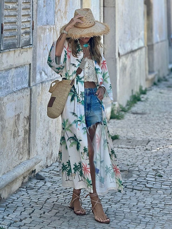 グリーン トロピカルプリントのカバーアップ、ベルト付き、七分袖、ロングビーチウェア、レディース 2025