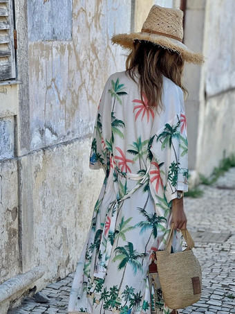 トロピカルプリントのカバーアップ、ベルト付き、七分袖、ロングビーチウェア、レディース 2025