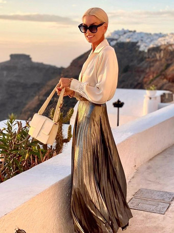 ランタンスリーブブラウスとプリーツマキシスカートのツーピースセット バケーション用女性服 2025