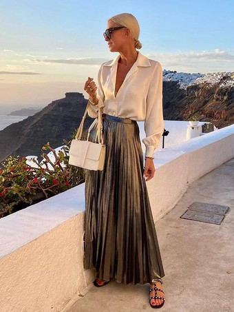 ランタンスリーブブラウスとプリーツマキシスカートのツーピースセット バケーション用女性服 2025