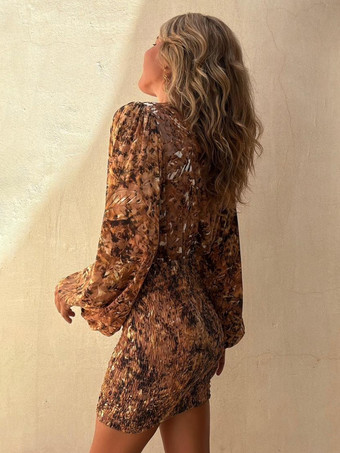 カットアウトウエストのプリントボディコンドレス、ランタンスリーブミニドレス、レディース 2025