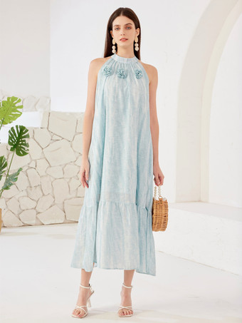 ライトスカイブルーライトスカイブルーのホルターネック シフトドレス ノースリーブ サマー ミディドレス レディース 2026