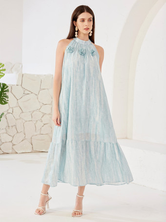 ライトスカイブルーのホルターネック シフトドレス ノースリーブ サマー ミディドレス レディース 2026