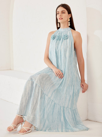 ライトスカイブルーのホルターネック シフトドレス ノースリーブ サマー ミディドレス レディース 2026