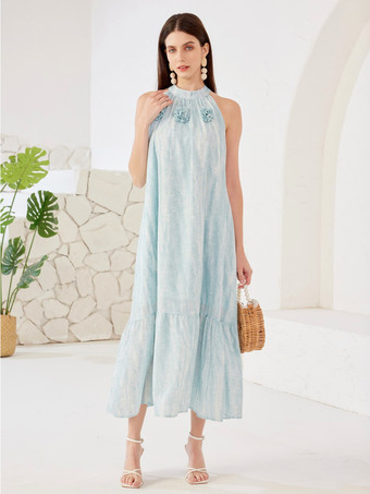 ライトスカイブルーのホルターネック シフトドレス ノースリーブ サマー ミディドレス レディース 2026