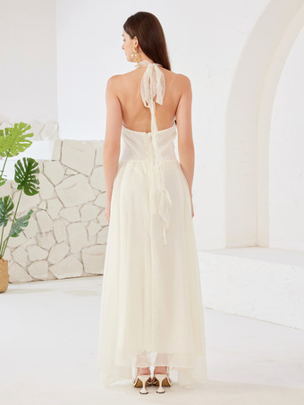 ホワイト マキシドレス ホルターネック バックレス Aライン ゆったり サマードレス レディース 2026