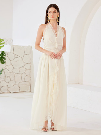 ホワイト マキシドレス ホルターネック バックレス Aライン ゆったり サマードレス レディース 2026