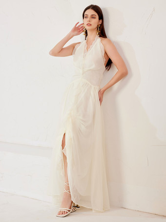 ホワイト マキシドレス ホルターネック バックレス Aライン ゆったり サマードレス レディース 2026