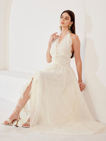 ホワイト マキシドレス ホルターネック バックレス Aライン ゆったり サマードレス レディース 2026