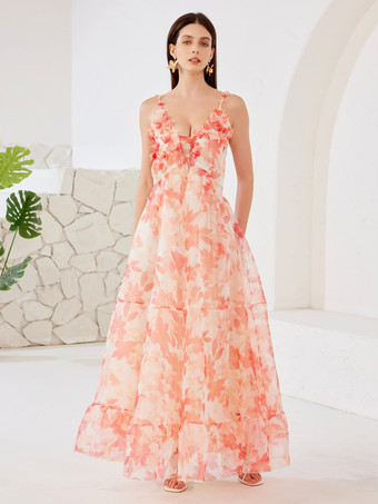 orange Robe longue fluide avec fleurs 3D Robe imprimée à feuilles dans le dos ouvert pour femme 2025