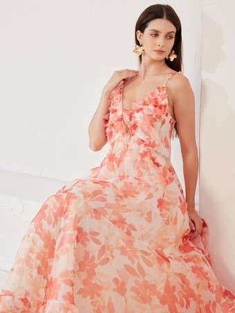 Robe longue fluide avec fleurs 3D Robe imprimée à feuilles dans le dos ouvert pour femme 2025