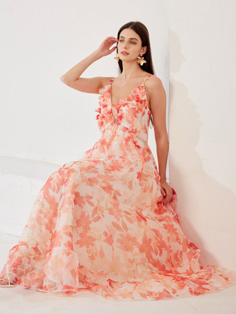Robe longue fluide avec fleurs 3D Robe imprimée à feuilles dans le dos ouvert pour femme 2025