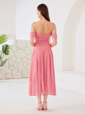 夏用チューブドレス ラズベリーレッド オフショルダー プリーツ ミディドレス レディース 2026