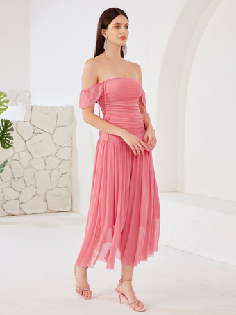 夏用チューブドレス ラズベリーレッド オフショルダー プリーツ ミディドレス レディース 2026