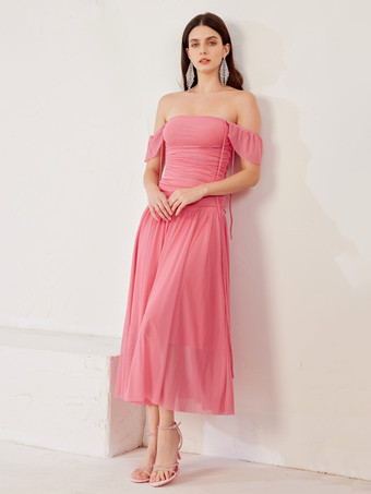 夏用チューブドレス ラズベリーレッド オフショルダー プリーツ ミディドレス レディース 2026