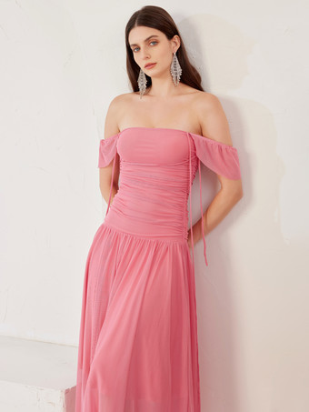 夏用チューブドレス ラズベリーレッド オフショルダー プリーツ ミディドレス レディース 2026