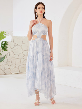 Robe longue à fleurs bleues découpée à la taille et col licou pour la plage et les vacances robe d'été pour femmes 2025