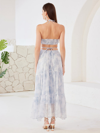 Robe longue à fleurs bleues découpée à la taille et col licou pour la plage et les vacances robe d'été pour femmes 2025