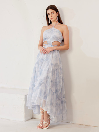 Robe longue à fleurs bleues découpée à la taille et col licou pour la plage et les vacances robe d'été pour femmes 2025