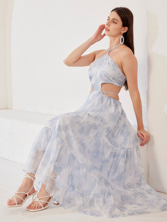 Robe longue à fleurs bleues découpée à la taille et col licou pour la plage et les vacances robe d'été pour femmes 2025