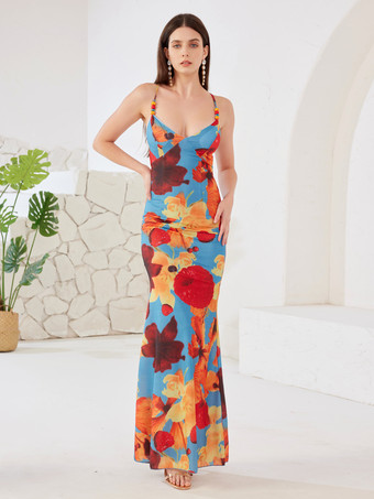 RotBlumen-Maxikleid mit offenem Rücken Spaghettiträgern figurbetontes Sommerkleid für Damen 2025