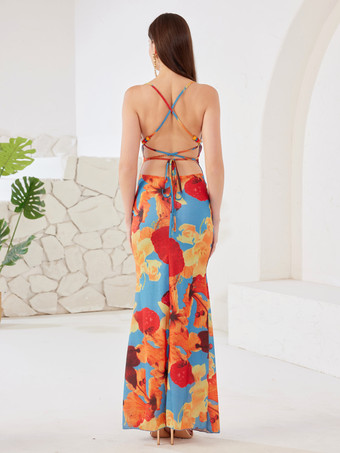 Blumen-Maxikleid mit offenem Rücken Spaghettiträgern figurbetontes Sommerkleid für Damen 2025