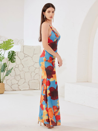 Blumen-Maxikleid mit offenem Rücken Spaghettiträgern figurbetontes Sommerkleid für Damen 2025