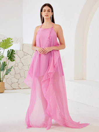 ローズレッドローズの流れるようなマキシドレス、ホルターネック、背中開き、夏休み、ビーチドレス、女性用 2026