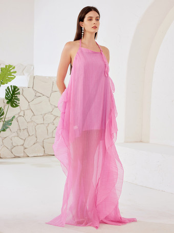 ローズの流れるようなマキシドレス、ホルターネック、背中開き、夏休み、ビーチドレス、女性用 2026