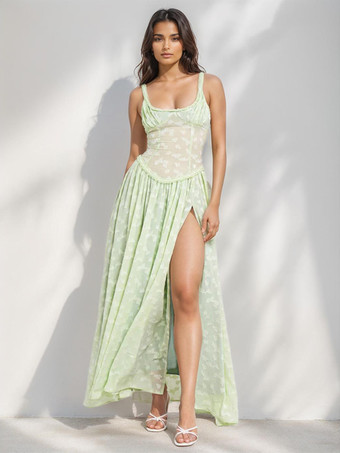 グリーン ボヘミアン ストラップドレス スクエアカラー ノースリーブ Aライン マキシ パーティードレス レディース 2025