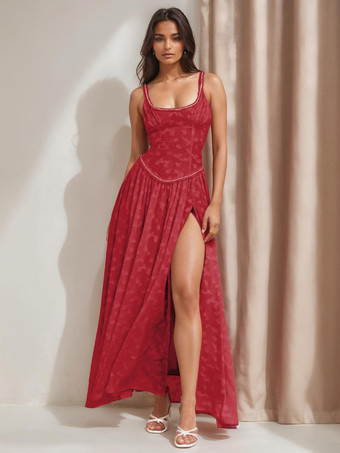 レッド ボヘミアン ストラップドレス スクエアカラー ノースリーブ Aライン マキシ パーティードレス レディース 2025