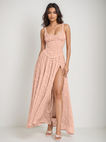 ピンクボヘミアン ストラップドレス スクエアカラー ノースリーブ Aライン マキシ パーティードレス レディース 2025