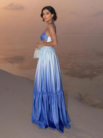 ブルーグラデーションマキシドレス カットアウトウエスト 夏休み ビーチストラップドレス レディース 2025