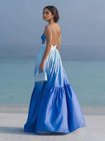 ブルーグラデーションマキシドレス カットアウトウエスト 夏休み ビーチストラップドレス レディース 2025