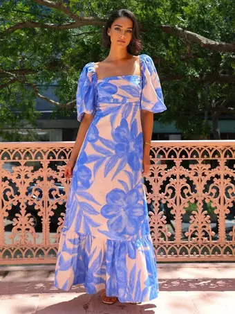Vestito Lungo Donna Floreale Scollo A V Con Lacci - Maniche Lunghe, Pieghe, Cicloide - Abito Estivo Morbido E Leggero, Taglie UK