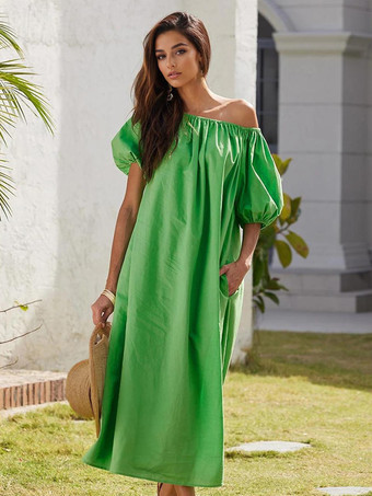 Vestido recto con mangas abullonadas en verde corte relajado y hombros descubiertos vestido largo de verano para mujer 2025