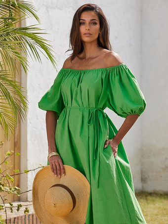 Vestido recto con mangas abullonadas en verde corte relajado y hombros descubiertos vestido largo de verano para mujer 2025