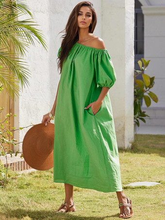 Vestido recto con mangas abullonadas en verde corte relajado y hombros descubiertos vestido largo de verano para mujer 2025
