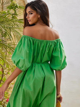Vestido recto con mangas abullonadas en verde corte relajado y hombros descubiertos vestido largo de verano para mujer 2025