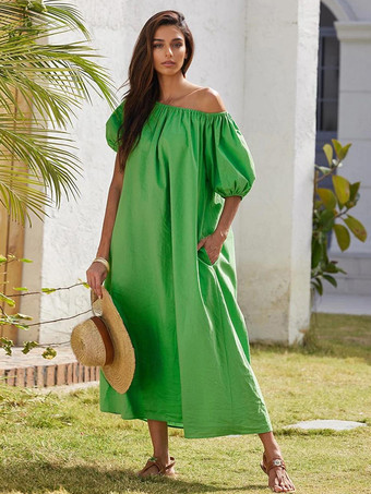 verde Vestido recto con mangas abullonadas en verde corte relajado y hombros descubiertos vestido largo de verano para mujer 2025