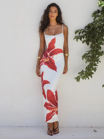 ホワイト フローラル スリップドレス 夏休み ボディコン マキシドレス レディース 2025