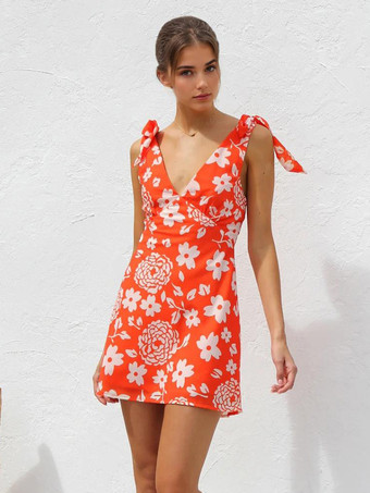 リボンショルダー付き花柄ドレス 夏休み ミニドレス レディース 2025