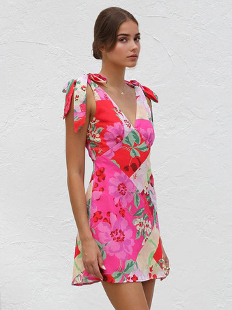 リボンショルダー付き花柄ドレス 夏休み ミニドレス レディース 2025