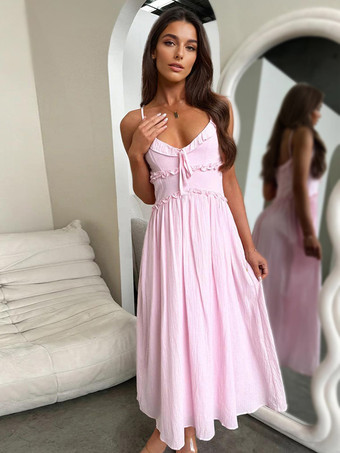 ピンクマキシ サマードレス Vネック フリル ストラップ ドレス レディース 2025