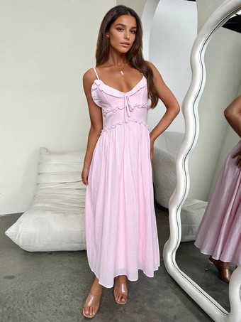 マキシ サマードレス Vネック フリル ストラップ ドレス レディース 2025