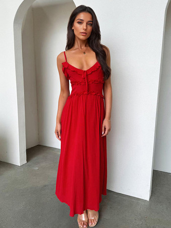 レッド マキシ サマードレス Vネック フリル ストラップ ドレス レディース 2025