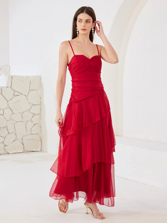 赤いパーティードレス、ティアードスカート、スパゲッティストラップ、女性用エレガントなマキシドレス 2026