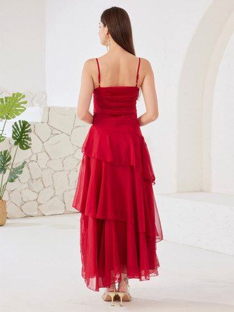 赤いパーティードレス、ティアードスカート、スパゲッティストラップ、女性用エレガントなマキシドレス 2026